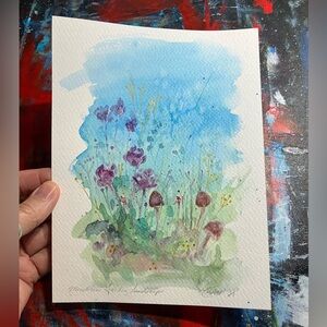 Mushroom original painting clover landscape NEW watercolor home wall decor art